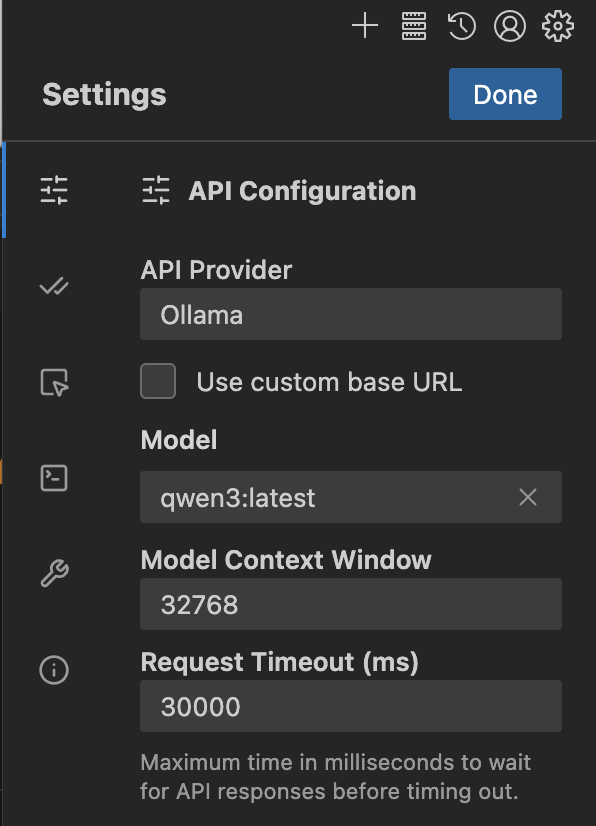 API ProviderがOllamaに設定されたClineの設定画面